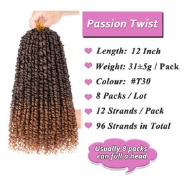 Samtress 12 Inch Passion Twist Crochet Hair 8 Packs Pretwisted Passion Twist Hair Synthetic Ombre Brown Pre Looped Bomb Water Wave Crochet Braids Hair Extensions for Women (#T30)