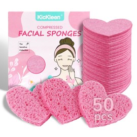50-Count Kickleen Compressed Cellulose Heart Shape Facial Sponges | Natural Cosmetic Spa Sponges for Facial Cleansing | Exfoliating | Makeup Mask Removal | Reusable | Skin Massage (50 Count (Pink))
