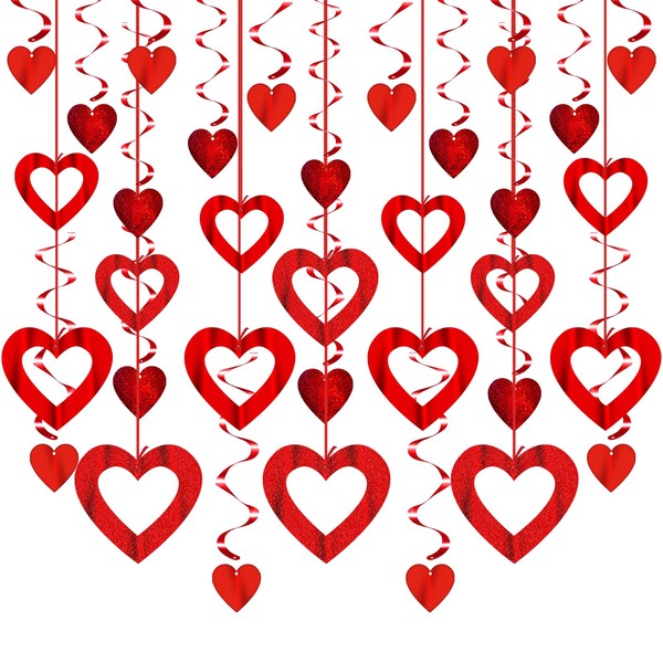 41 pieces Heart Decorations Hanging, Valentines Decorations include 21 pieces of hollow Heart Decorations and 20 pieces of heart-shaped swirl Heart Decorations, suitable for Romantic Decorations