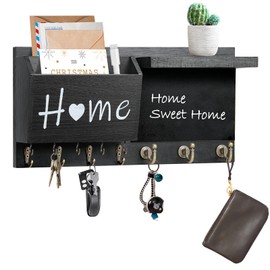 RELBRO Key Holder for Wall, Black Wooden Key Mail Holder with Chalkboard Wall Mount Key Rack with Shelf Mail Sorter Organizer with 12 Key Hooks Wall Decorative for Doorway Entryway Hallway