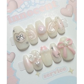 (Renewal) Cheek Angel Pink Chiffon Handmade Nail Tips - Square / (리뉴얼)치크 엔젤 핑크쉬폰 수제네일팁 - 스퀘어