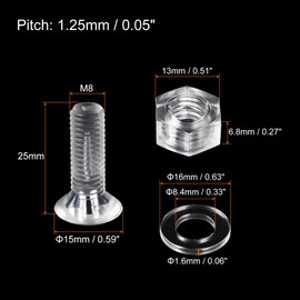 sourcing map M8 x 25mm Plastic Phillips Machine Screws with Nuts and Flat Washers, PC Flat Head Machine Bolts Transparent 20 Sets