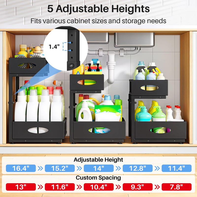 Under Sink Organizer, 2 Pack 2 Tier Pull Out Under