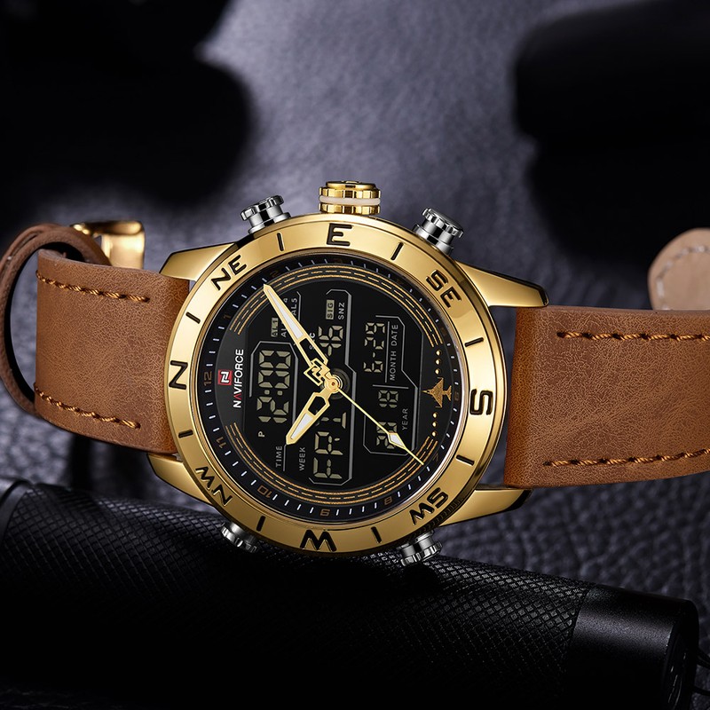 NAVIFORCE Male PU Band Quartz Electronic Watch Waterproof Sports Wristwatch(Gold)