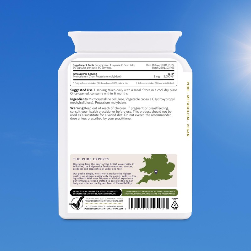 Molybdenum Capsules | Highly Bioavailable Supplement | 60 Capsules, Long