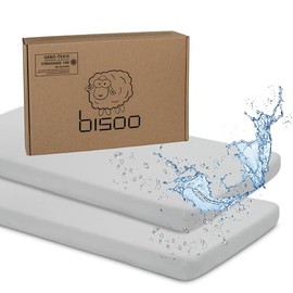 Bisoo 35 x 75 cm Waterproof Fitted Sheet for Prams, Bassinets, Moses Baskets, Pram Mattress Cover, 2-in-1 Fitted Sheet, Mattress Protector, 100% Cotton Jersey, Oeko-Tex, Set of 2, Grey