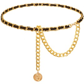 Liutufy Women's Chain Belts Fashion Layered Flocking Cloth Belts Metal Waist Chain for Dress Vest Jeans (Gold Black S)