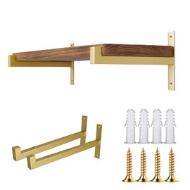 OVOV 2 Pcs Metal Shelf Brackets Heavy Duty Industrial Wall Mounted Floating Shelf Brackets (Gold) 12"