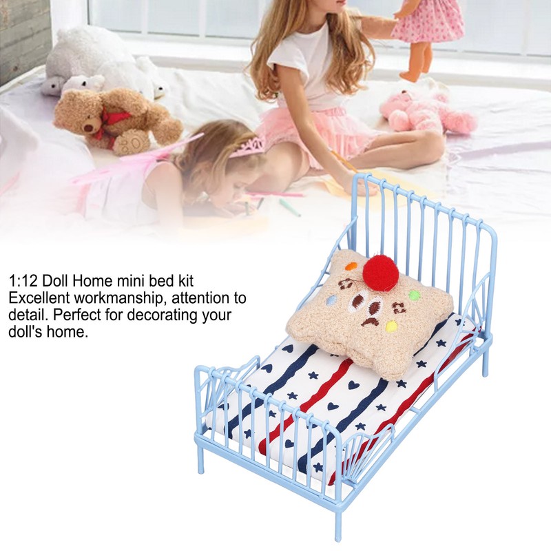 1:12 Miniature Bed Metal Structure Cute Pattern Sponge Cloth Mattress