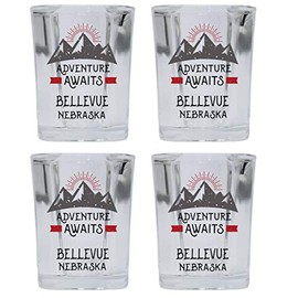 R and R Imports Bellevue Nebraska Souvenir 2 Ounce Square Base Liquor Shot Glass Adventure Awaits Design 4-Pack