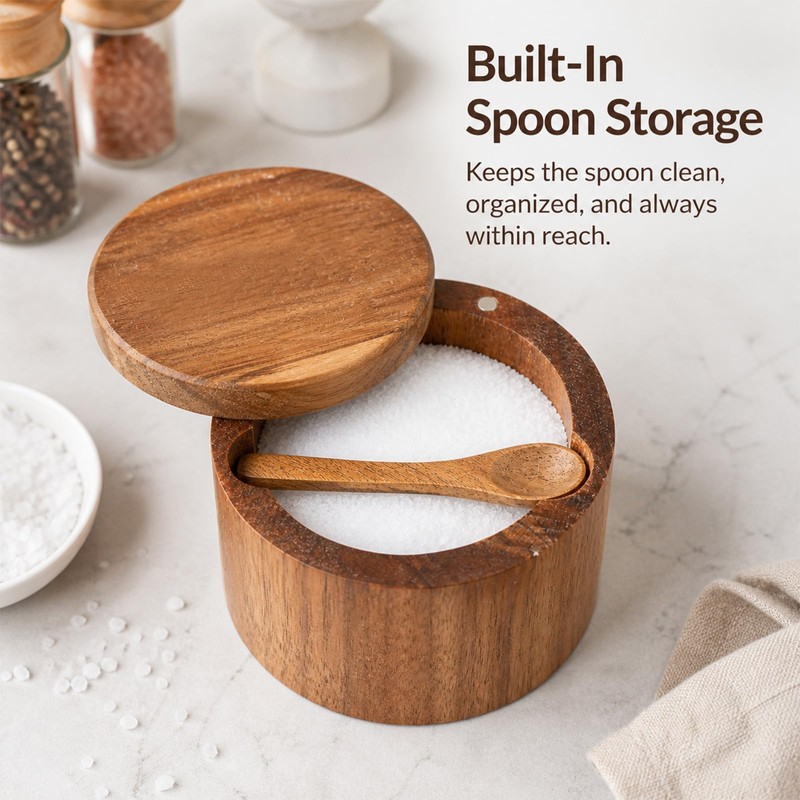 Salt Cellar, Acacia Wood Salt Container with Built‑in Spoon &