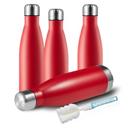 MEWAY 17oz Sport Water Bottle 4 Pack Vacuum Insulated Stainless Steel Sport Water Bottle Leak-Proof Double Wall Cola Shape Water Bottle,Keep Drinks Hot & Cold (Red,4 Pack)