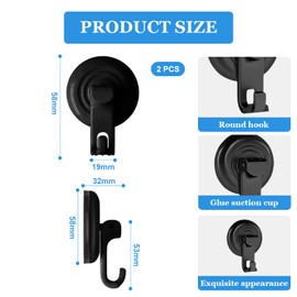 Leseogye 2 Pcs Suction Hooks, Heavy Duty 3KG Strong Vacuum Suction Cup Hooks, Reusable Sucker Hook for Bathroom Kitchen Window Bags Coats Towel Christmas Wreath (Black)