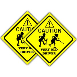 2-Pack "Caution Very Old Driver" Humorous Car Window & Bumper Sticker (100mm x 100mm) - Funny Elderly Driver Sticker