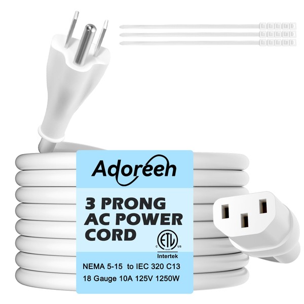 Adoreen 6 Ft Computer TV Replacement Power Cord White, 18AWG