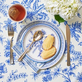 Coterie Blue Toile Paper Tablecloth | Rectangle Tablecloth/Table Cover for Bridal and Baby Shower, Tea Party, Garden Party, Birthday Party | 8.5' by 4.5' Table Cloth Rectangle Table