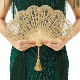 BABEYOND Lace Hand Fan Non-Foldable Vintage Bridal Handheld Fans with Rhinestone and Embroidered for Wedding Decoration Dancing Party (C-gold)