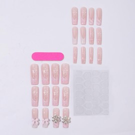 24Pcs Long Coffin Press on Nails Christmas Snowflake Fake Nails Pink French Tip with Snow Nail Rhinestones Glitter Bow Glue on Nails Cute Winter Xmas False Nails Design for Women Girls Manicure Salon