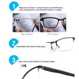 Missfive 2 Pack Mens Quality Multifocus Progressive Reading Glasses Blue Light Blocking, Multifocal Spring Hinge No-Line Readers Half Frame Metal Eyeglasses(Workspace For Near Range, 1.00x)