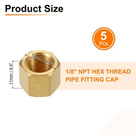 sourcing map 5Pcs Brass Compression Cap Fitting Stop Valve Cap 1/8" NPT Hex Thread Pipe Fitting Flare Cap Tubing Ends Sealing Cap for Air Conditioner, Water, Air, Gas Line (Gold Tone)