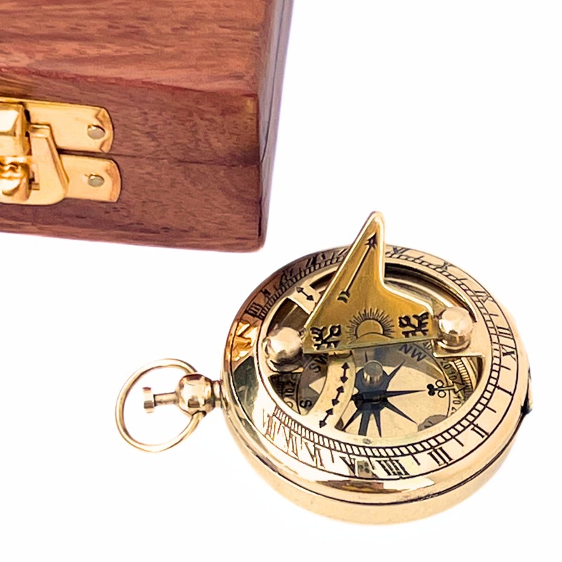 Marine Sundial Compass with Nautical Solid Wooden Box Vintage Brass