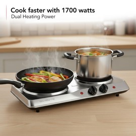 OVENTE Electric Countertop Double Burner, 1700W Cooktop with 7.25" and 6.10" Cast Iron Hot Plates, Temperature Control, Portable Cooking Stove and Easy to Clean Stainless Steel Base, Silver BGS102S