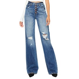 Kan Can Women's Ariena Ultra High Rise 5 Button Fly 90's Flare Jeans KC7373EMV5 (Medium Blue, 1)
