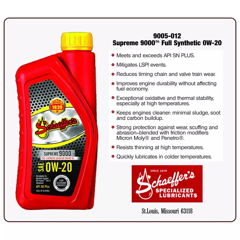 Schaeffer Oil Supreme 9000™ Full Synthetic Gasoline Engine Oil 0W-20