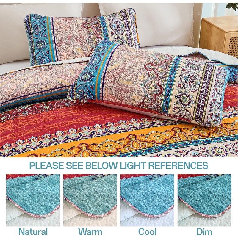 WONGS BEDDING Bohemian Quilt Set Queen Size, Boho Striped Pattern