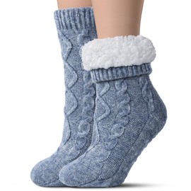Tough Land Slipper Socks for Women with Grippers Non Slip, Sherpa Lined Cozy Fuzzy House Slipper Socks