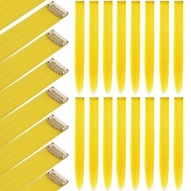 ZHAOWWEI 16 Pieces Princess Colored Extensions Multi-Colors Party Highlights Streak Synthetic Hairpieces Clip-In/Clip On Colored Hair Extensions (Yellow)