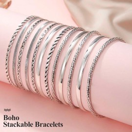 WHENZOO 12 Pcs Boho Bangles for Women, Lightweight Metal Bangle Bracelet Set, Stackable Trendy Layered Bangles, Multipack Vintage Ladies Hand Jewellery for Women Girls Jewelry Gifts (Silver)