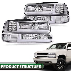 LQI Headlight Assembly Compatible with Chevy Silverado 1500 2500 1999-2002/Fit Suburban Tahoe 2000-2006 Clear lens Chrome Housing Clear Reflector