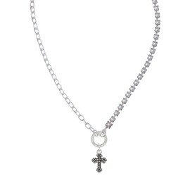 Delight Jewelry Silvertone Small Botonee Cross with Beaded Decoration Stronger Braver Smarter Mixed Cable and Imitation Pearl Chain Choker Necklace, 14.75-17"