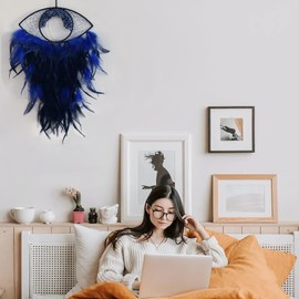 Evil Eye Dream Catcher Wall Decor - Tree of Life Big Dreamcatchers Boho Wall Hanging, Handmade Dark Blue Feathers Ornament Native American Indian Decor for Boys Bedroom (Blue Black Mix)