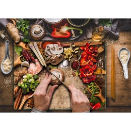 TMK ArtDeko, Glass Chopping Board - Robust Kitchen Top 30 x 22 cm with Wooden Spices Motif Chopping Plate, Stove Cover Plate Decorative Glass