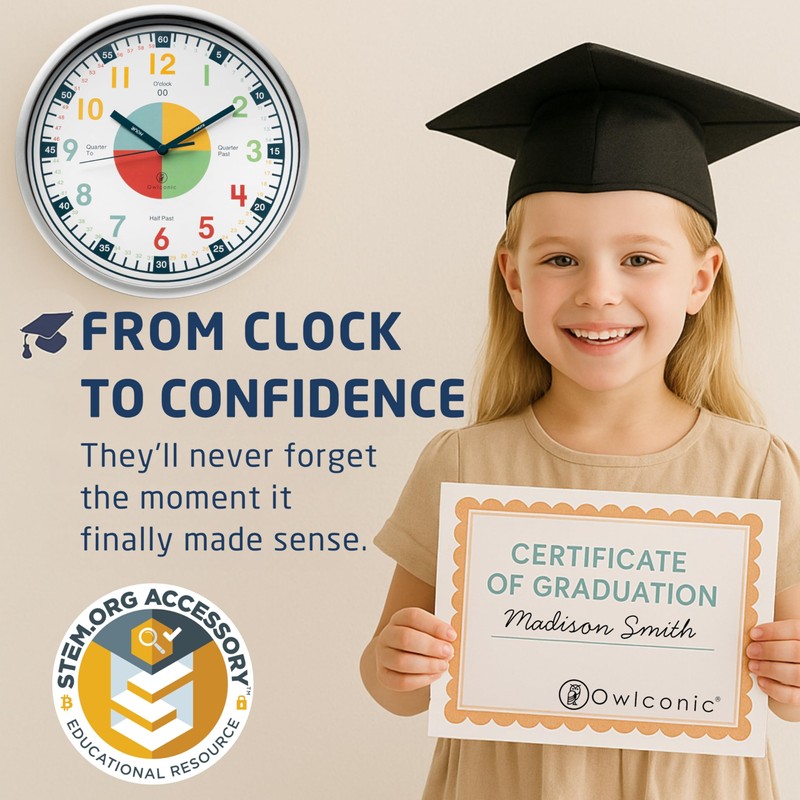OWLCONIC Non Ticking Analog Clock for Kids Learning to Tell