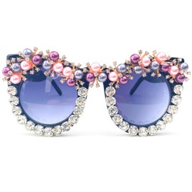 Oversized Vintage Pearl Cat Eye Sunglasses for Women Bling Crystal Rhinestone Sunglasses Cute Ladies Party Glasses (black)