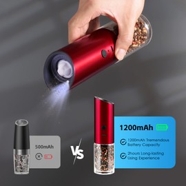 Vzaahu Gravity Electric Pepper and Salt Grinder Set of 2 - Rechargeable, Refillable, Adjustable Coarseness, Stainless Steel Seasalt Peppermill with LED light - One Hand Operation (Red)