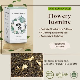Flowery Jasmine Tea, Green Tea Bags, Pure Leaf Flower Blossoms, Natural, No Artificials, Hot & Iced - 16 Cups | The Spice Hut, First Sip of Tea