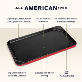 All American 1930 - Ultimate Flat Griddle with Ceramic Non-Stick Coating - Tomato Red - Durable & PFAS Free - For Easy, Prep, Cooking, & Cleaning - Made in the USA