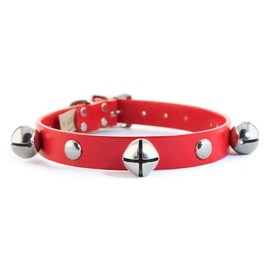 Jingle Bell Studded Leather Collar fits Dogs with Neck Range 18-22 inches, Classic Flat Style in Christmas Red with a Stainless-Steel Buckle and Ideal Size 1 x 22 inches, Made in The USA