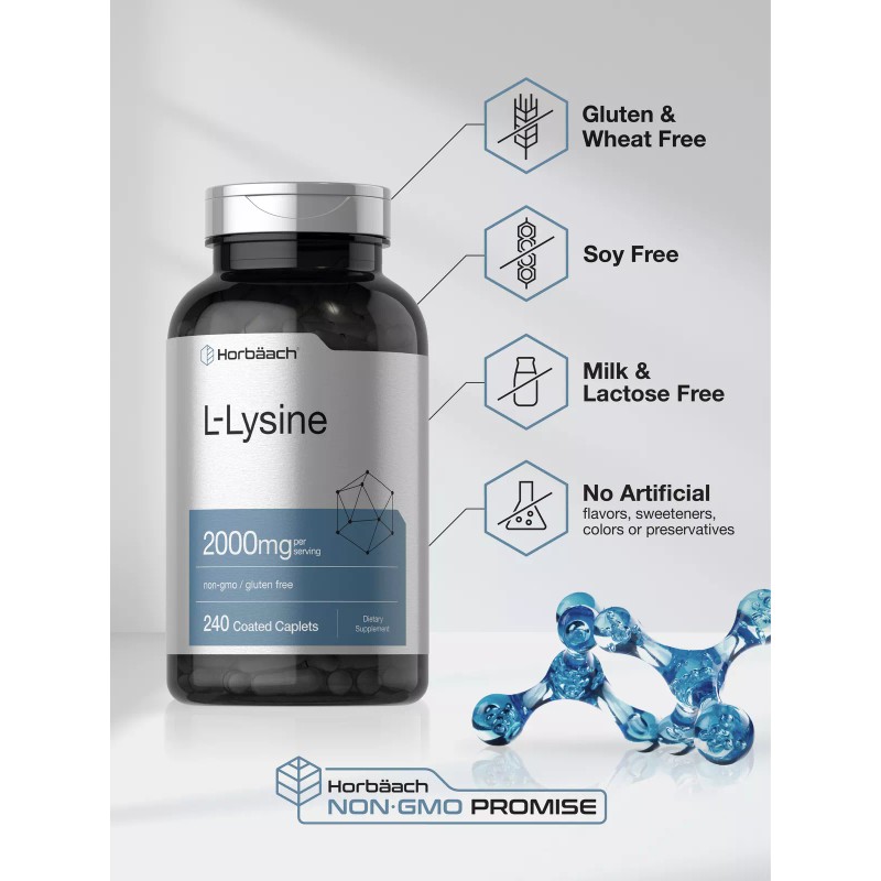 Horbäach L-Lysine 2000mg | 240 Caplets | Vegetarian, Non-GMO, Gluten