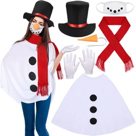 7 Pieces Adult Snowman Costume Kit Winter Frosty Costumes Snowman Shawl Adult Costume Snowman Hat with Red Band Carrot Nose Scarf Gloves Face Mask for Women Men Party Supply