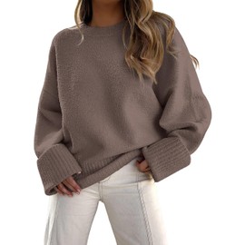 Jhsnjnr Womens Sweaters Casual Oversized Long Sleeve Ribbed Pullover Tops Cute Warm Fuzzy Crew Neck Knit Sweater Light Brown