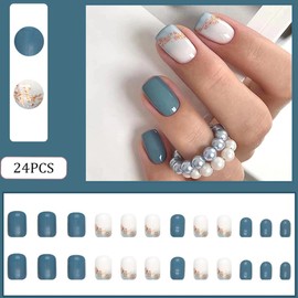 Extra Short Press On Nails，Short Glue On Nails, Nails Press Ons, Square Short Fake Nails Glossy Blue False Nails with Glitter Press Ons Designs Artificial Nails Stick on Nails for Women Girls 24Pcs