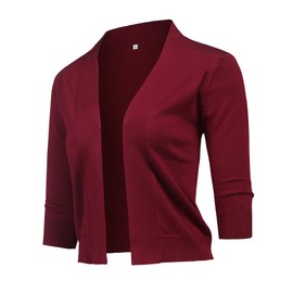 URRU Women's Vintage Cropped Shrug Open Front 4/3 Long Sleeve Bolero Cardigan Sweaters Wine red XXL