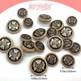 DHER Metal Buttons for Jacket, Metal Buttons for Jackets, Coats, Uniform, Pack of 20 Metal Buttons, Suit Buttons, 18 mm/23 mm, Fashionable Metal Crown Buttons, Decorative Buttons (Light Gold+Black)