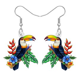 NEWEI Acrylic Cute Tropical Toucan Dangle Earrings for Women Funny Bird Stand on Branch with Flower Earrings Dangling Jewelry Gifts for Bird Lovers Accessories (Multicolour)
