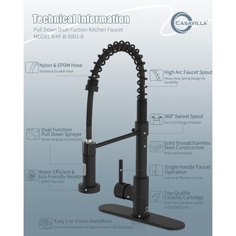 Casavilla Kitchen Faucet Set, Black Kitchen Sink Faucets with Pull